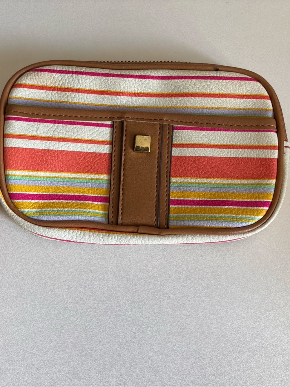 Striped Multi-Color Wristlet Crossbody Bag - Brown Trim